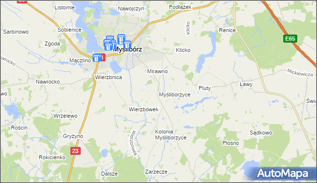 mapa Myśliborzyce gmina Myślibórz, Myśliborzyce gmina Myślibórz na mapie Targeo