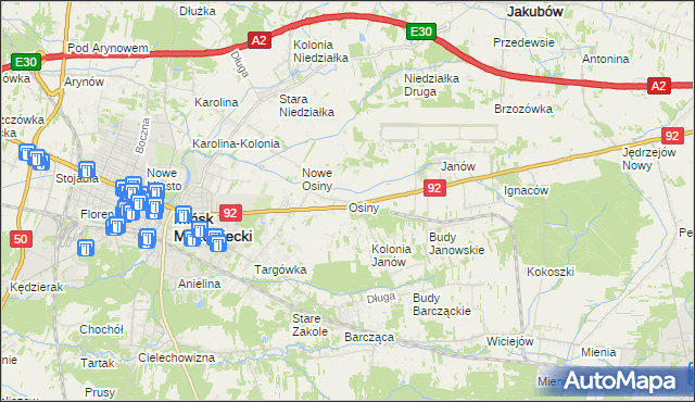 mapa Osiny gmina Mińsk Mazowiecki, Osiny gmina Mińsk Mazowiecki na mapie Targeo