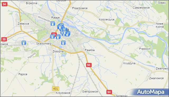 mapa Pawłów gmina Skarbimierz, Pawłów gmina Skarbimierz na mapie Targeo