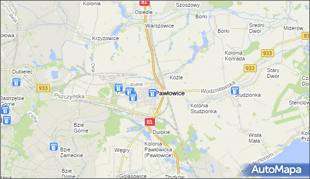 mapa Pawłowice powiat pszczyński, Pawłowice powiat pszczyński na mapie Targeo