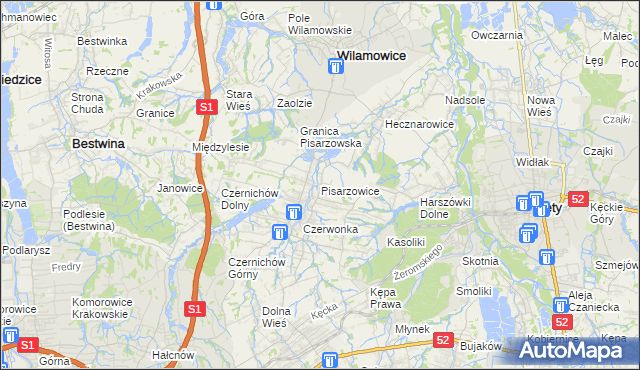 mapa Pisarzowice gmina Wilamowice, Pisarzowice gmina Wilamowice na mapie Targeo