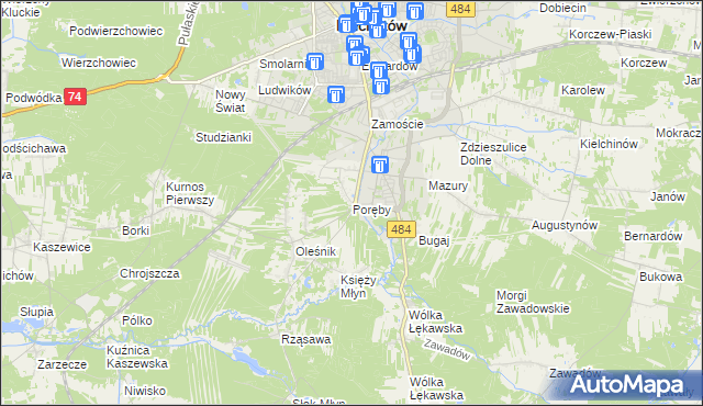 mapa Poręby gmina Bełchatów, Poręby gmina Bełchatów na mapie Targeo