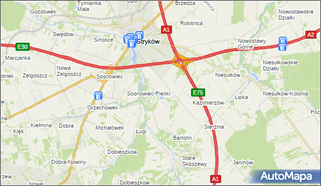 mapa Warszewice gmina Stryków, Warszewice gmina Stryków na mapie Targeo