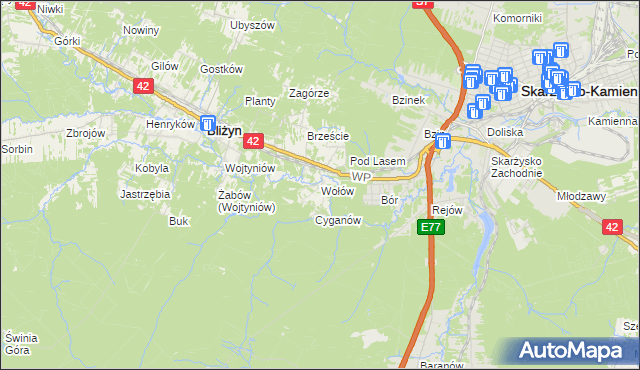 mapa Wołów gmina Bliżyn, Wołów gmina Bliżyn na mapie Targeo