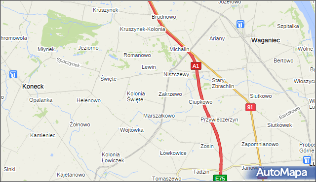 mapa Zakrzewo gmina Waganiec, Zakrzewo gmina Waganiec na mapie Targeo