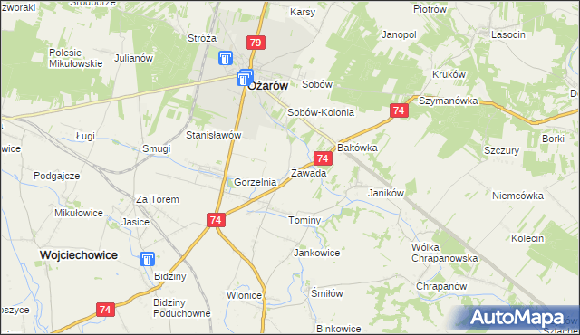 mapa Zawada gmina Ożarów, Zawada gmina Ożarów na mapie Targeo