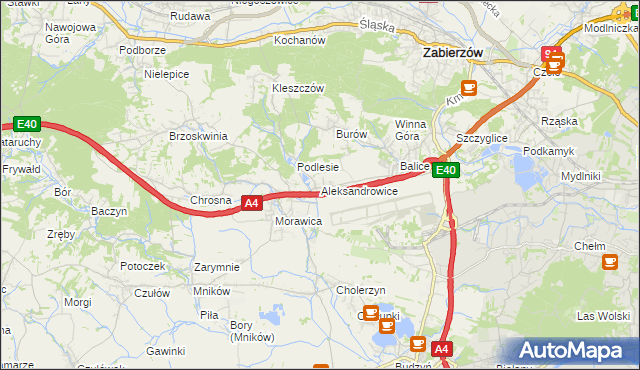 mapa Aleksandrowice gmina Zabierzów, Aleksandrowice gmina Zabierzów na mapie Targeo