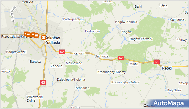 mapa Bachorza gmina Sokołów Podlaski, Bachorza gmina Sokołów Podlaski na mapie Targeo