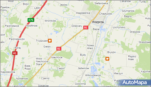 mapa Białocin gmina Rozprza, Białocin gmina Rozprza na mapie Targeo
