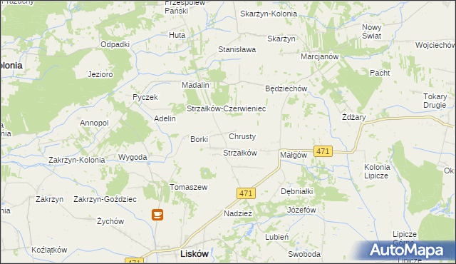 mapa Chrusty gmina Lisków, Chrusty gmina Lisków na mapie Targeo