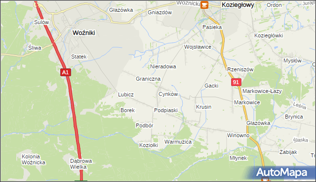 mapa Cynków gmina Koziegłowy, Cynków gmina Koziegłowy na mapie Targeo