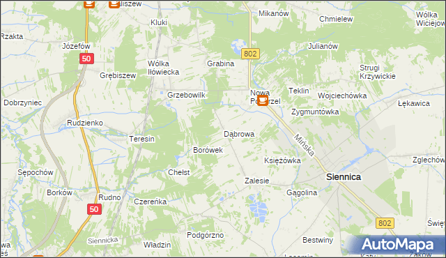 mapa Dąbrowa gmina Siennica, Dąbrowa gmina Siennica na mapie Targeo