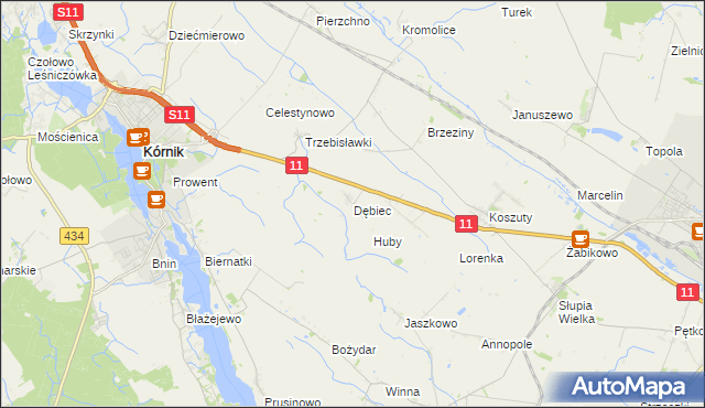 mapa Dębiec gmina Kórnik, Dębiec gmina Kórnik na mapie Targeo