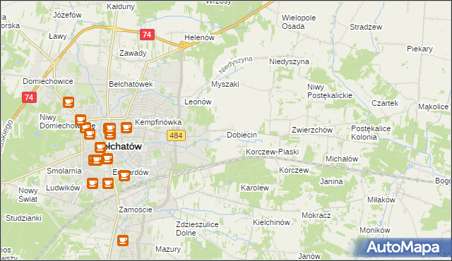 mapa Dobiecin gmina Bełchatów, Dobiecin gmina Bełchatów na mapie Targeo