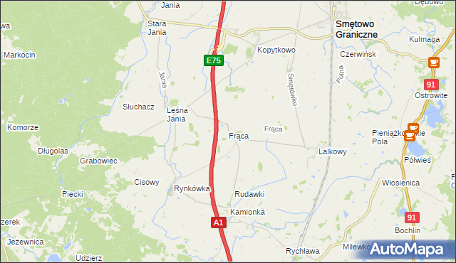 mapa Frąca gmina Smętowo Graniczne, Frąca gmina Smętowo Graniczne na mapie Targeo