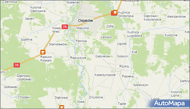 mapa Gabrielów gmina Osjaków, Gabrielów gmina Osjaków na mapie Targeo