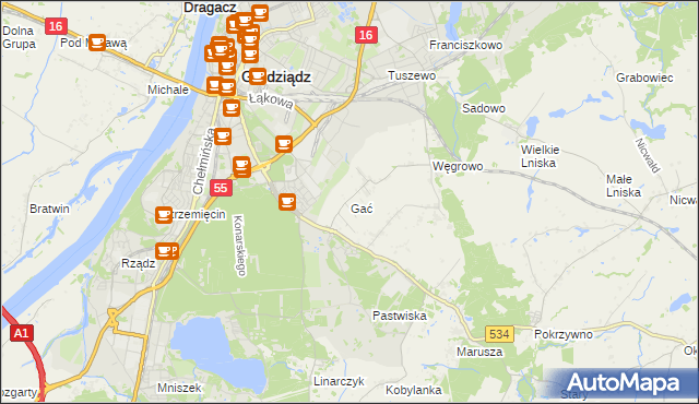 mapa Gać gmina Grudziądz, Gać gmina Grudziądz na mapie Targeo