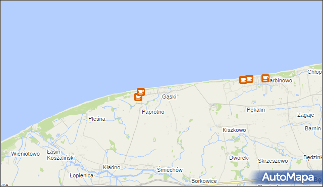 mapa Gąski gmina Mielno, Gąski gmina Mielno na mapie Targeo