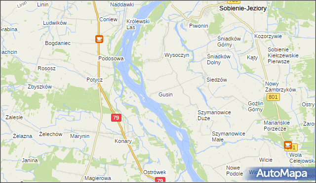 mapa Gusin gmina Sobienie-Jeziory, Gusin gmina Sobienie-Jeziory na mapie Targeo