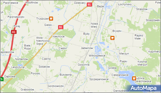 mapa Jadwinów gmina Gorzkowice, Jadwinów gmina Gorzkowice na mapie Targeo