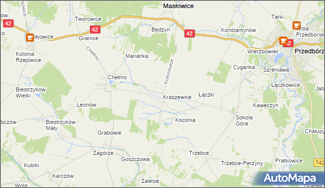 mapa Kraszewice gmina Masłowice, Kraszewice gmina Masłowice na mapie Targeo