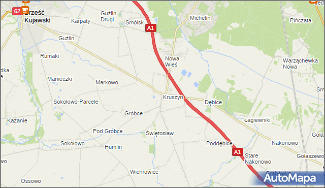 mapa Kruszyn gmina Włocławek, Kruszyn gmina Włocławek na mapie Targeo