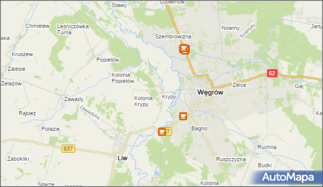 mapa Krypy gmina Liw, Krypy gmina Liw na mapie Targeo