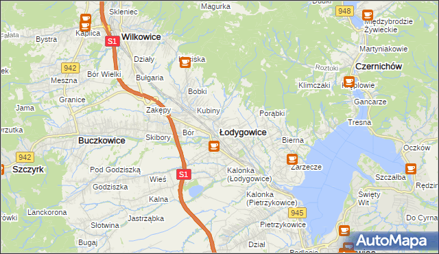 mapa Łodygowice powiat żywiecki, Łodygowice powiat żywiecki na mapie Targeo