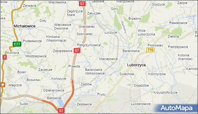 mapa Maciejowice gmina Kocmyrzów-Luborzyca, Maciejowice gmina Kocmyrzów-Luborzyca na mapie Targeo