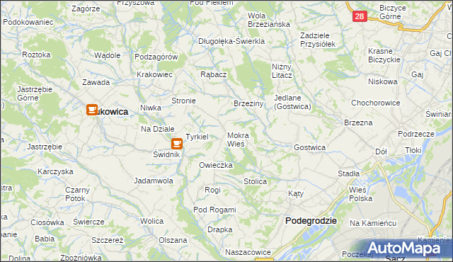 mapa Mokra Wieś gmina Podegrodzie, Mokra Wieś gmina Podegrodzie na mapie Targeo