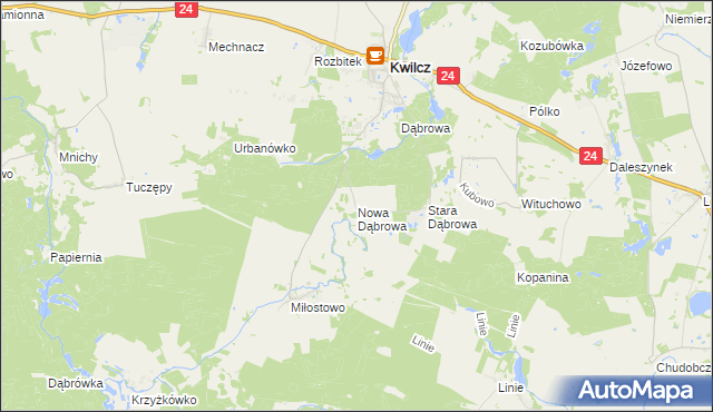 mapa Nowa Dąbrowa gmina Kwilcz, Nowa Dąbrowa gmina Kwilcz na mapie Targeo