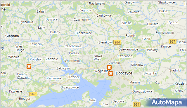mapa Nowa Wieś gmina Dobczyce, Nowa Wieś gmina Dobczyce na mapie Targeo