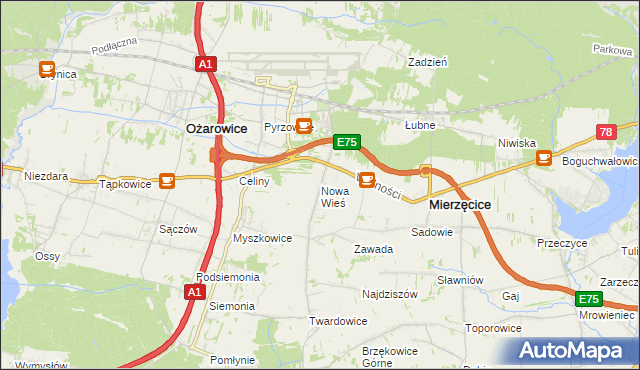 mapa Nowa Wieś gmina Mierzęcice, Nowa Wieś gmina Mierzęcice na mapie Targeo