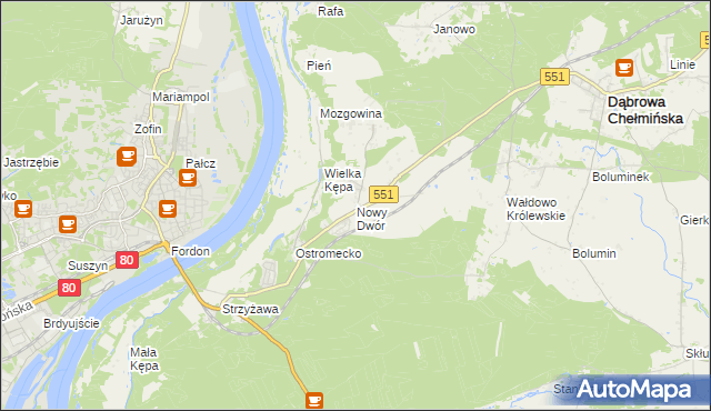 mapa Nowy Dwór gmina Dąbrowa Chełmińska, Nowy Dwór gmina Dąbrowa Chełmińska na mapie Targeo