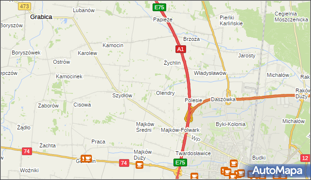 mapa Olendry gmina Grabica, Olendry gmina Grabica na mapie Targeo