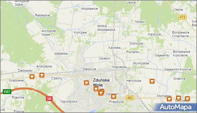 mapa Opiesin gmina Zduńska Wola, Opiesin gmina Zduńska Wola na mapie Targeo