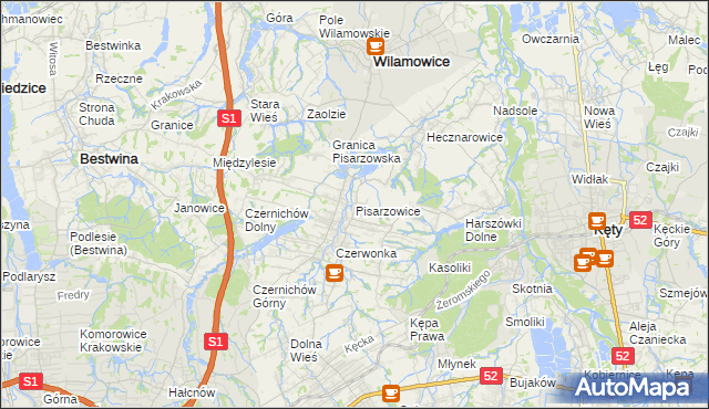 mapa Pisarzowice gmina Wilamowice, Pisarzowice gmina Wilamowice na mapie Targeo