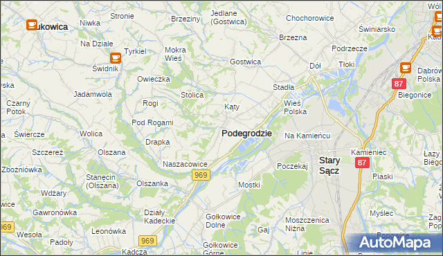 mapa Podegrodzie powiat nowosądecki, Podegrodzie powiat nowosądecki na mapie Targeo