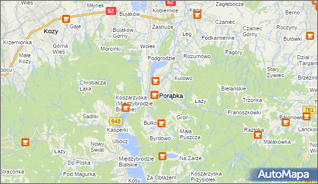 mapa Porąbka powiat bielski, Porąbka powiat bielski na mapie Targeo