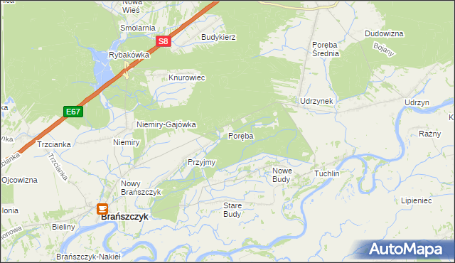 mapa Poręba gmina Brańszczyk, Poręba gmina Brańszczyk na mapie Targeo