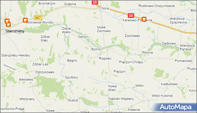 mapa Rogowo gmina Staroźreby, Rogowo gmina Staroźreby na mapie Targeo