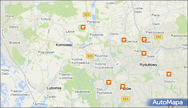 mapa Rzuchów gmina Kornowac, Rzuchów gmina Kornowac na mapie Targeo