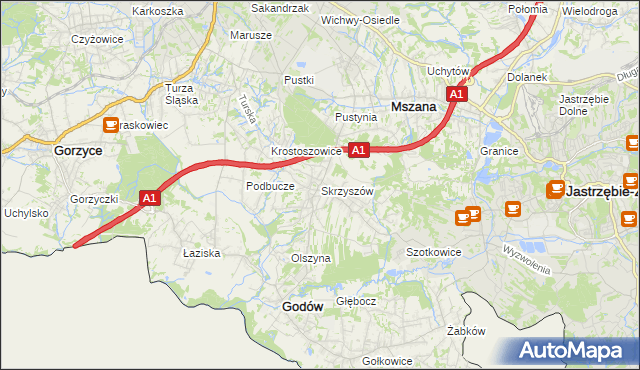 mapa Skrzyszów gmina Godów, Skrzyszów gmina Godów na mapie Targeo