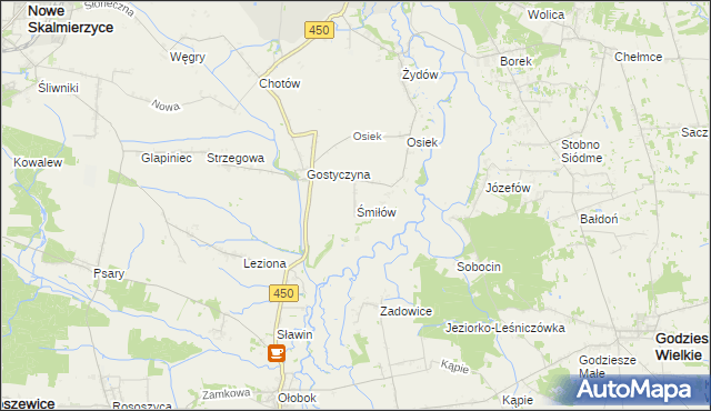 mapa Śmiłów gmina Nowe Skalmierzyce, Śmiłów gmina Nowe Skalmierzyce na mapie Targeo