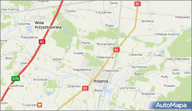 mapa Stefanówka gmina Rozprza, Stefanówka gmina Rozprza na mapie Targeo