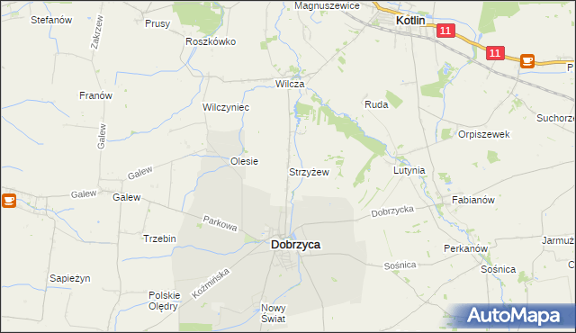 mapa Strzyżew gmina Dobrzyca, Strzyżew gmina Dobrzyca na mapie Targeo