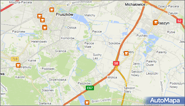 mapa Suchy Las gmina Michałowice, Suchy Las gmina Michałowice na mapie Targeo