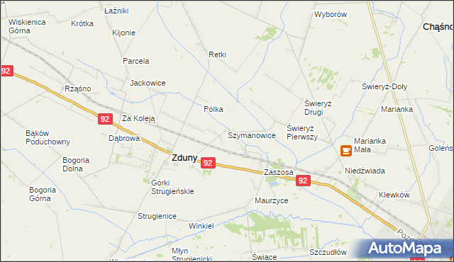 mapa Szymanowice gmina Zduny, Szymanowice gmina Zduny na mapie Targeo