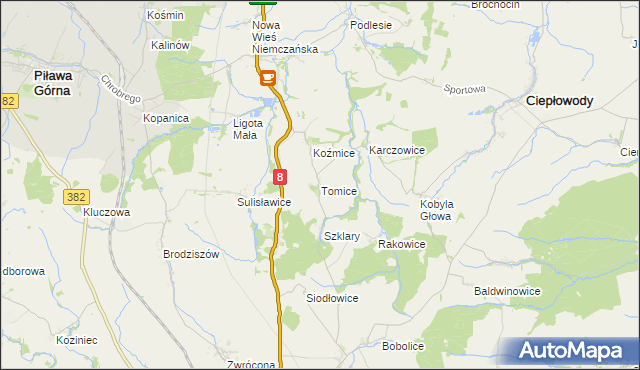 mapa Tomice gmina Ciepłowody, Tomice gmina Ciepłowody na mapie Targeo