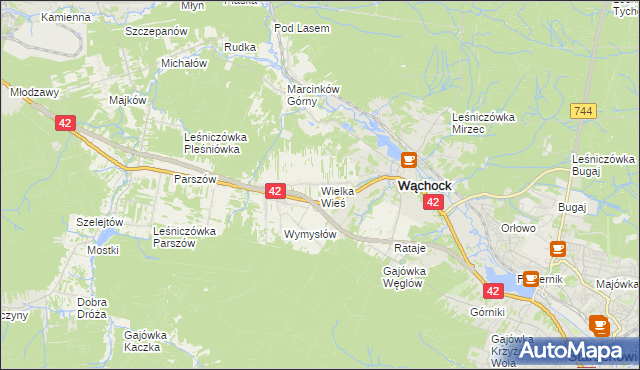 mapa Wielka Wieś gmina Wąchock, Wielka Wieś gmina Wąchock na mapie Targeo